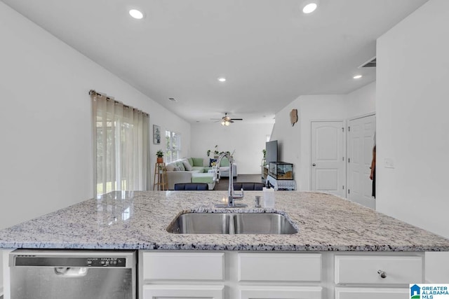 kitchen featuring white cabinetry, ceiling fan, dishwasher, and sink