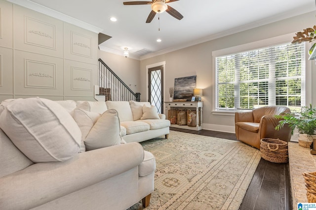 living room featuring crown molding, dark wood-type flooring, and ceiling fan