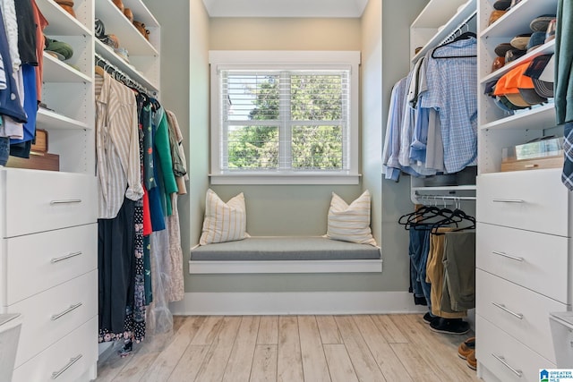 walk in closet with light wood-type flooring