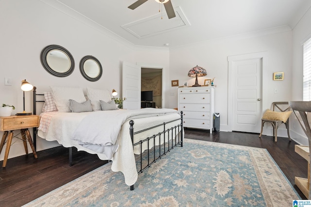 bedroom with ceiling fan, dark hardwood / wood-style flooring, and ornamental molding