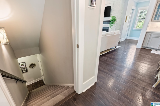 stairway with dark hardwood / wood-style flooring and a large fireplace