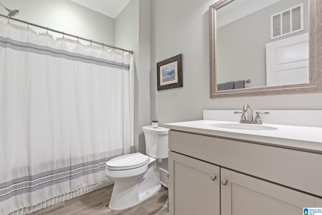 bathroom featuring wood-type flooring, vanity with extensive cabinet space, and toilet