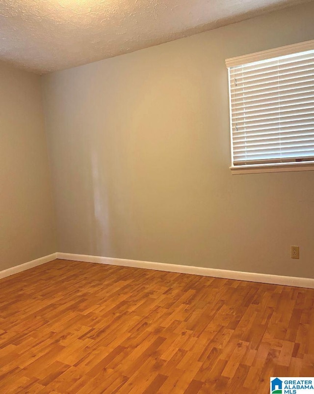 unfurnished room with a textured ceiling and light wood-type flooring