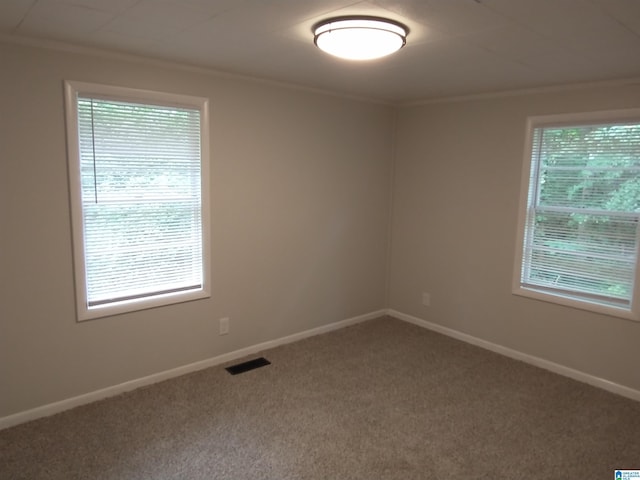 carpeted spare room featuring visible vents, baseboards, and ornamental molding