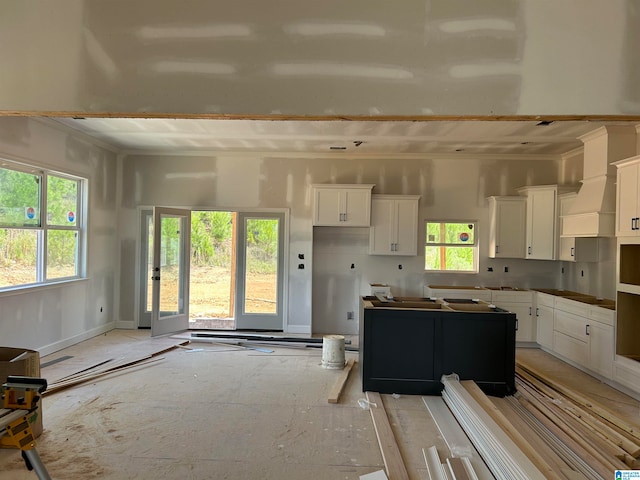 kitchen with premium range hood, white cabinetry, and a healthy amount of sunlight