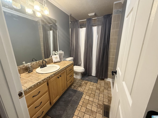 full bathroom featuring toilet, shower / bathtub combination with curtain, vanity, and a textured ceiling