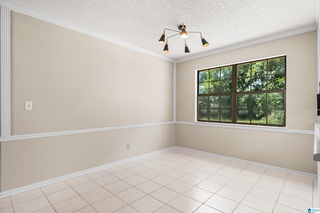 unfurnished room with crown molding, a textured ceiling, and light tile patterned floors