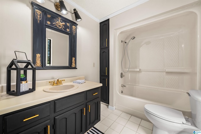 full bathroom with tile patterned flooring, shower / washtub combination, toilet, a textured ceiling, and vanity