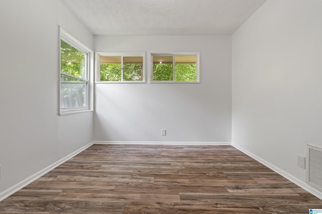 unfurnished room with a wealth of natural light, dark hardwood / wood-style flooring, and a textured ceiling