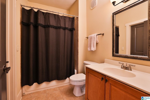 full bathroom featuring shower / tub combo, tile patterned flooring, vanity, and toilet