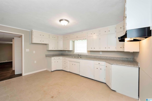 kitchen featuring ornamental molding, sink, water heater, exhaust hood, and white cabinets