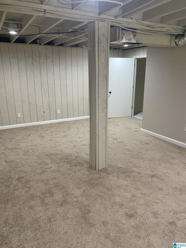 basement with wooden walls and carpet