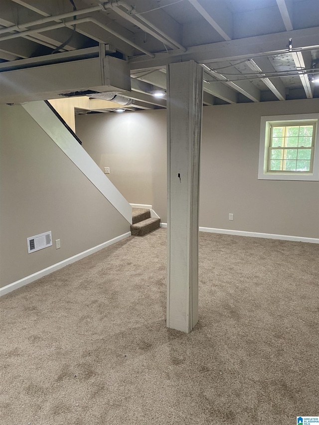 basement featuring carpet flooring