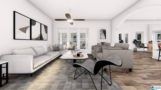 living room with dark wood-type flooring and ceiling fan