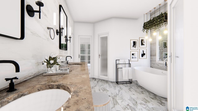 bathroom featuring vanity, tile walls, and a tub to relax in