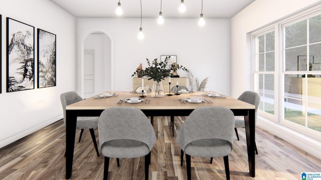 dining space with wood-type flooring