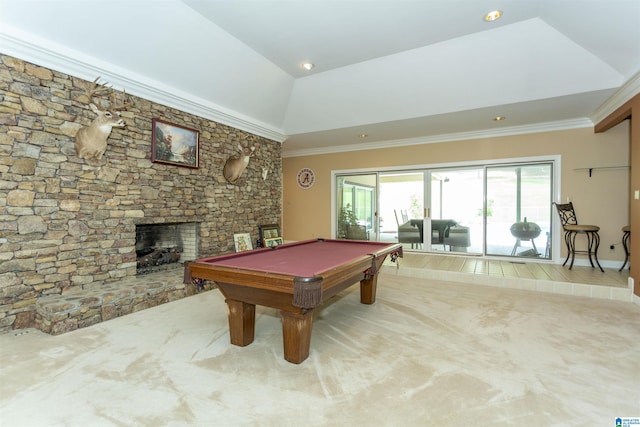 rec room featuring carpet flooring, a fireplace, pool table, and vaulted ceiling