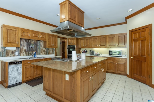 kitchen featuring appliances with stainless steel finishes, backsplash, extractor fan, sink, and a center island