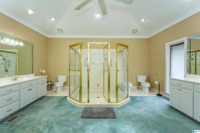 bathroom with toilet, lofted ceiling, and crown molding