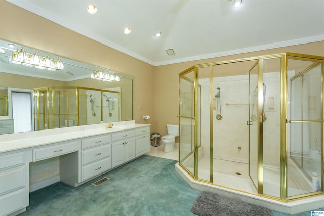 bathroom featuring vanity, toilet, lofted ceiling, and walk in shower