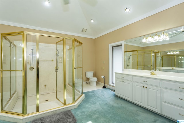 bathroom featuring vanity, lofted ceiling, a shower with door, toilet, and ornamental molding