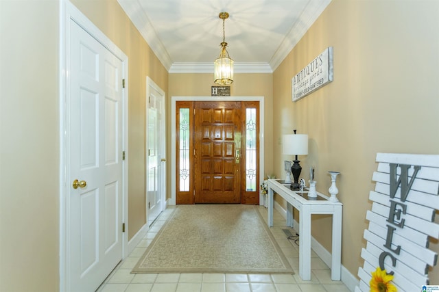 tiled entryway featuring ornamental molding