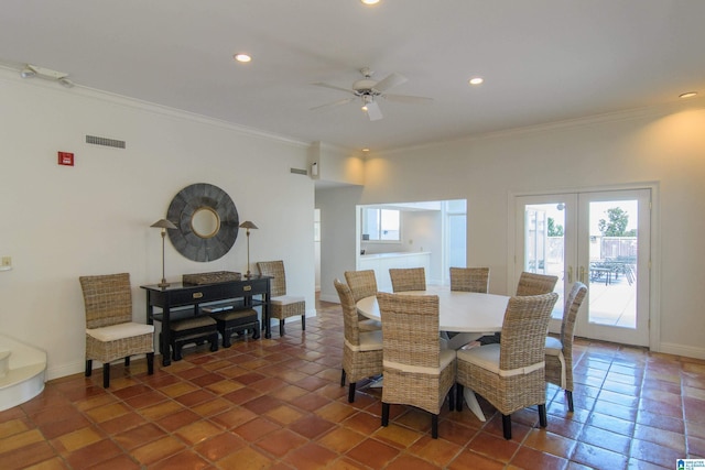 dining room featuring visible vents, recessed lighting, french doors, crown molding, and baseboards