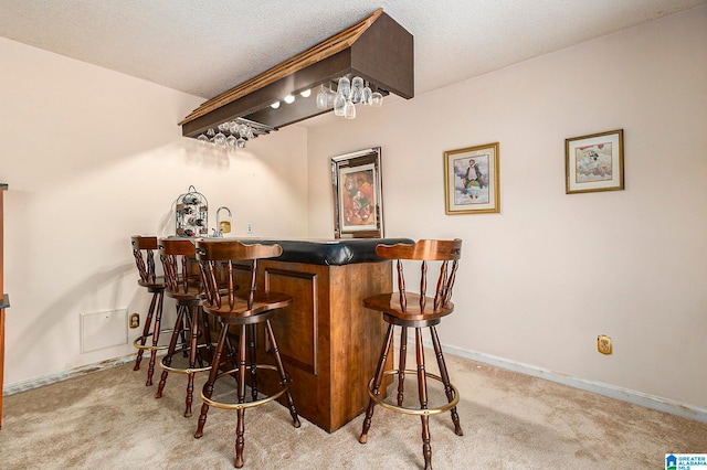 bar featuring carpet flooring and a textured ceiling