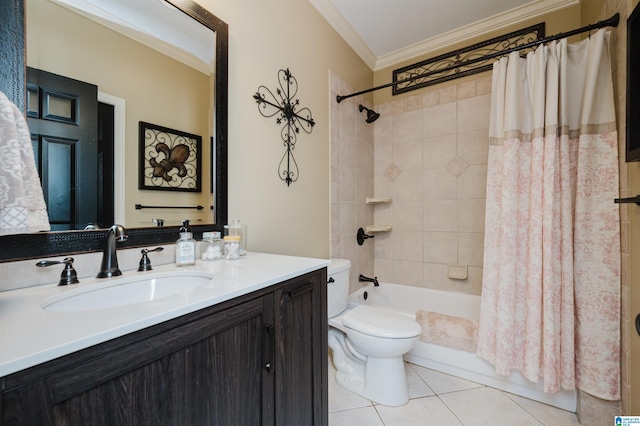 full bathroom with shower / tub combo, tile patterned flooring, vanity, ornamental molding, and toilet