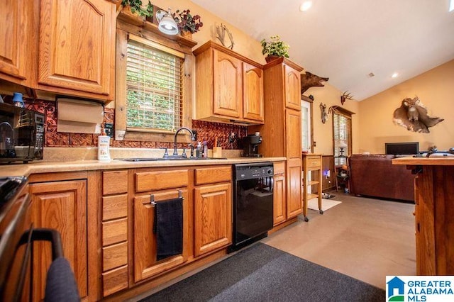 kitchen featuring tasteful backsplash, dishwasher, lofted ceiling, and sink