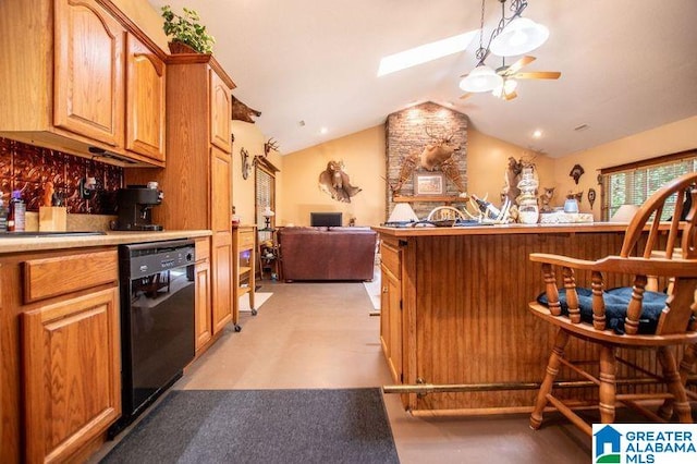 kitchen with dishwasher, lofted ceiling, backsplash, sink, and ceiling fan