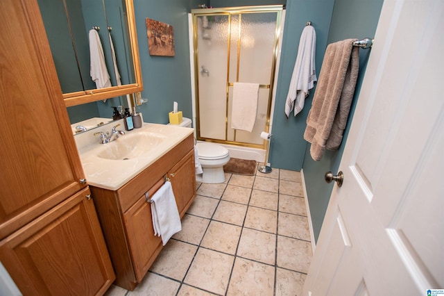 bathroom featuring toilet, tile patterned flooring, vanity, and walk in shower