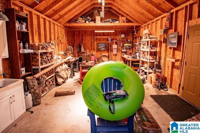 miscellaneous room with a workshop area and vaulted ceiling