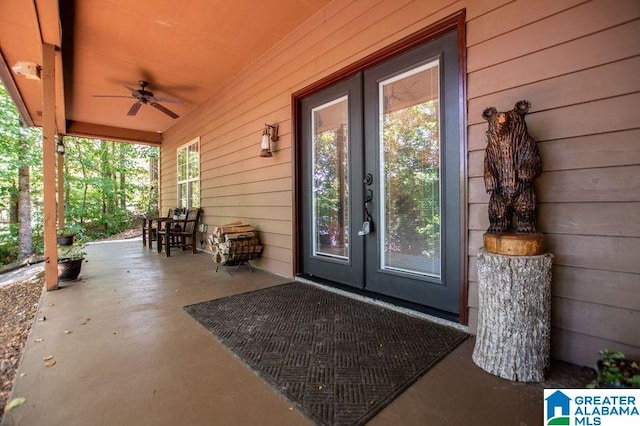 property entrance with ceiling fan and french doors