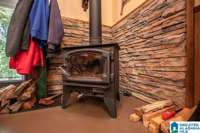 interior details with a wood stove