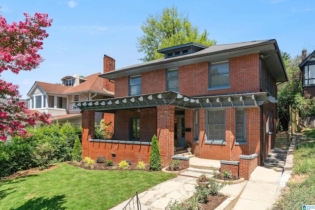 view of front of property featuring a front lawn and a pergola