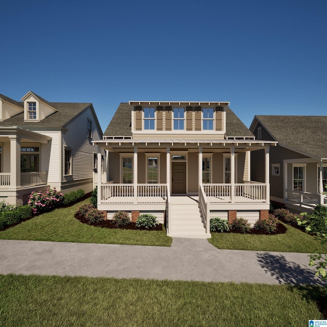 view of front of house with a porch and a front yard