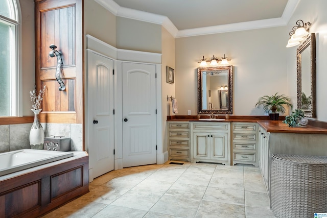 bathroom with tile patterned flooring, ornamental molding, independent shower and bath, and a chandelier