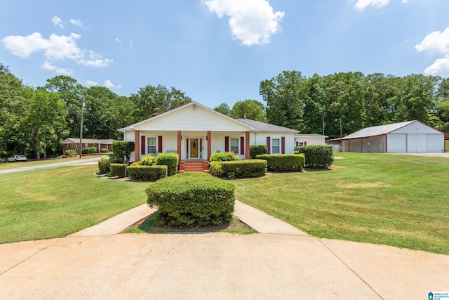 ranch-style home with covered porch and a front lawn