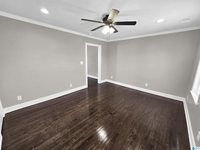 empty room featuring dark wood-type flooring, ceiling fan, and ornamental molding