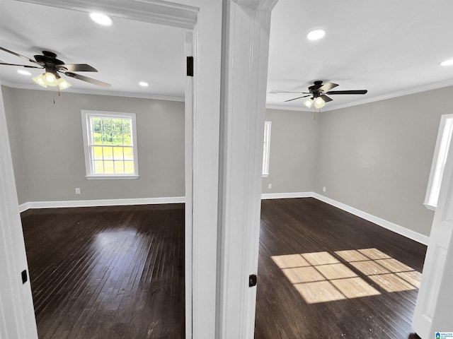 unfurnished room with crown molding, ceiling fan, and dark wood-type flooring