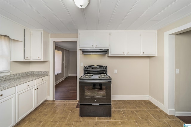 kitchen with white cabinetry and black electric range