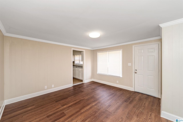 unfurnished room with ornamental molding, dark hardwood / wood-style flooring, and sink