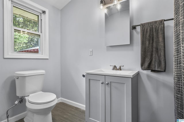 bathroom with hardwood / wood-style flooring, vanity, and toilet