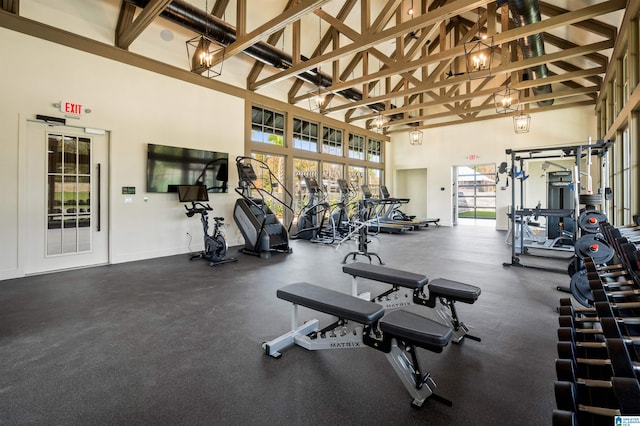 exercise room featuring high vaulted ceiling and baseboards