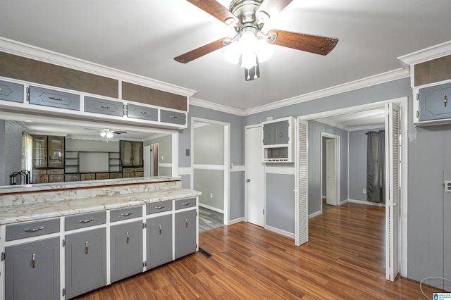 kitchen with ornamental molding, dark wood-type flooring, and gray cabinets