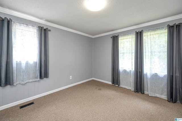 carpeted empty room featuring a textured ceiling, plenty of natural light, and crown molding