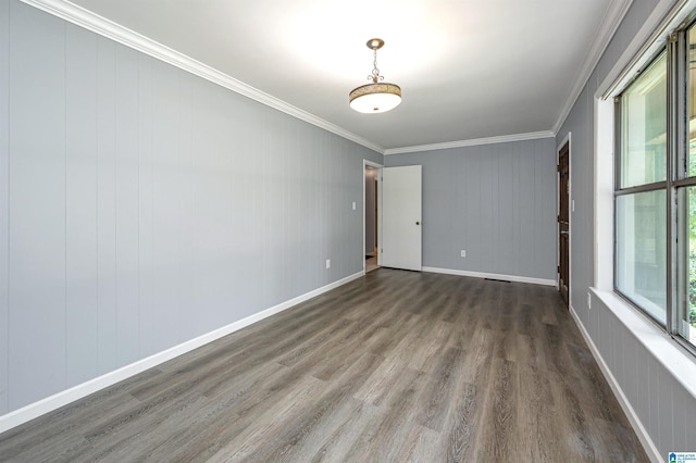 spare room with crown molding and dark wood-type flooring