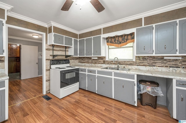 kitchen featuring sink, wood-type flooring, white range with electric stovetop, and gray cabinets