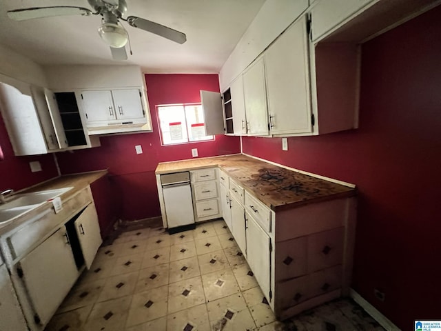 kitchen featuring white cabinets, ceiling fan, and sink